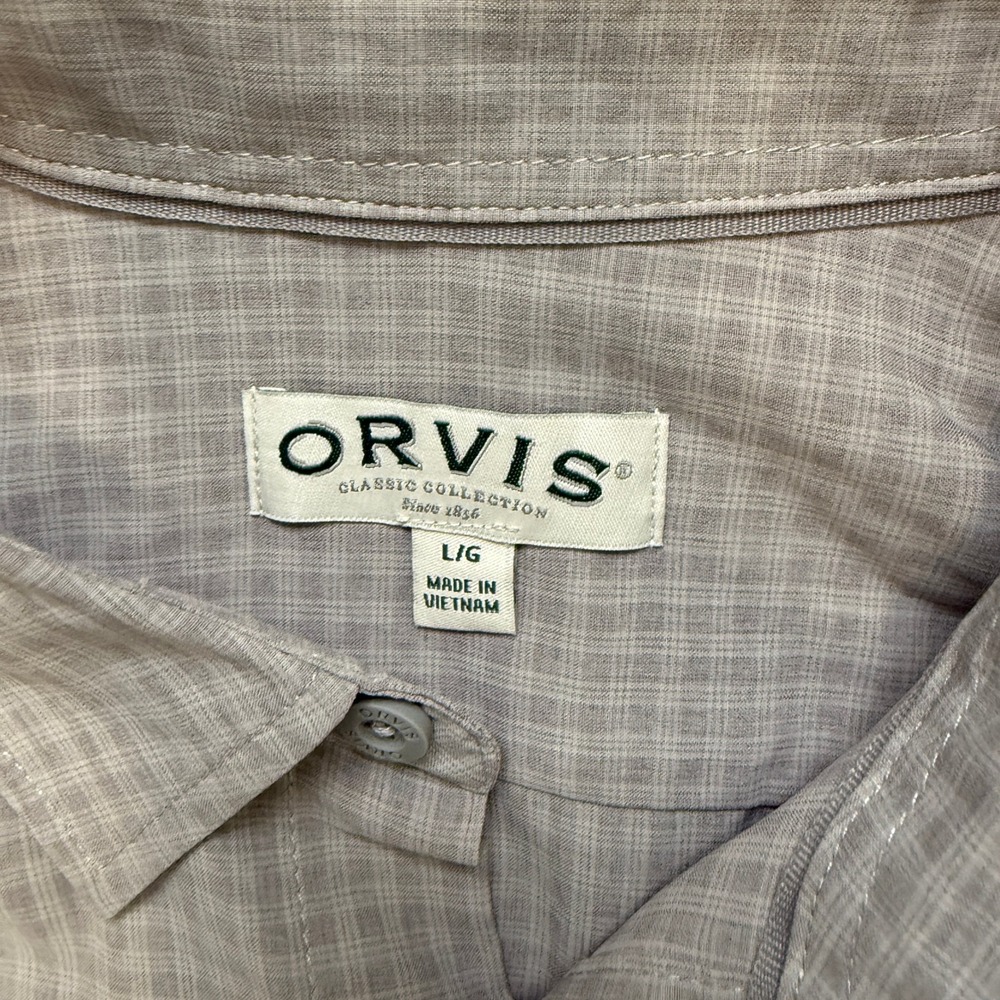 Orvis Button Down Shirt Mens Large Grey Micro Plaid Short Sleeve Outdoor Pocket - Picture 2 of 6